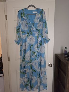 Taylor Sky Blue Floral Ruffle Wrap Maxi Dress
